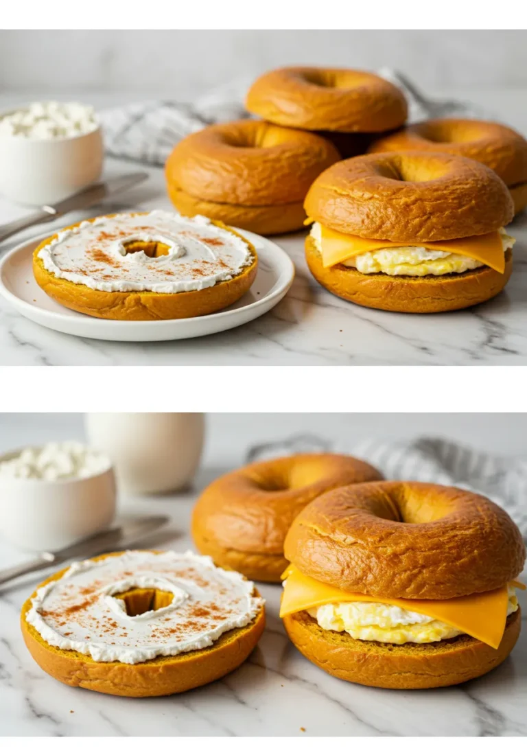 Two serving suggestions for Pumpkin Bagels shown in a horizontal grid