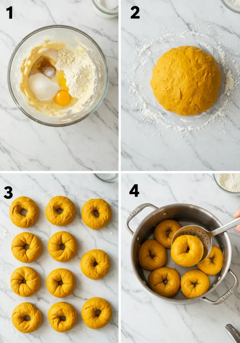 Four key steps for making Pumpkin Bagels shown in a 2x2 grid from overhead