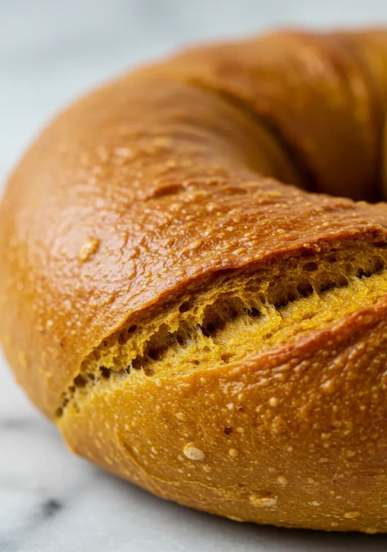Extreme close-up showing the detailed texture of a Pumpkin Bagel crust
