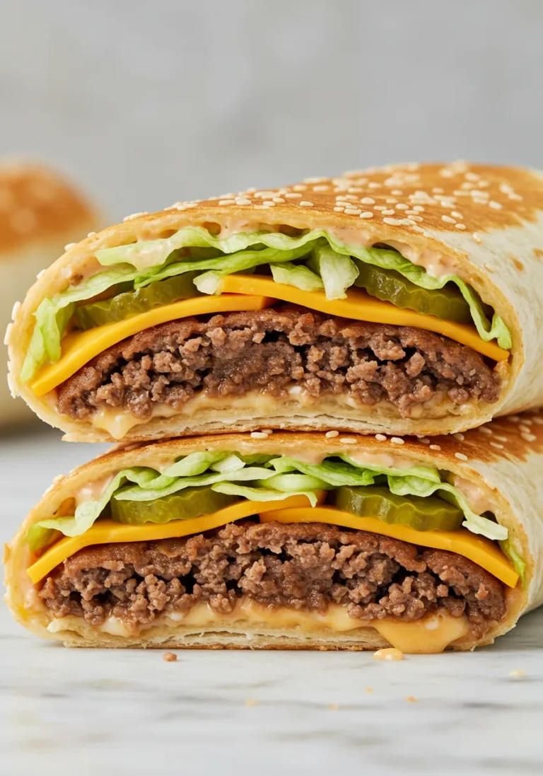 Extreme close-up showing the texture inside a Big Mac Wrap
