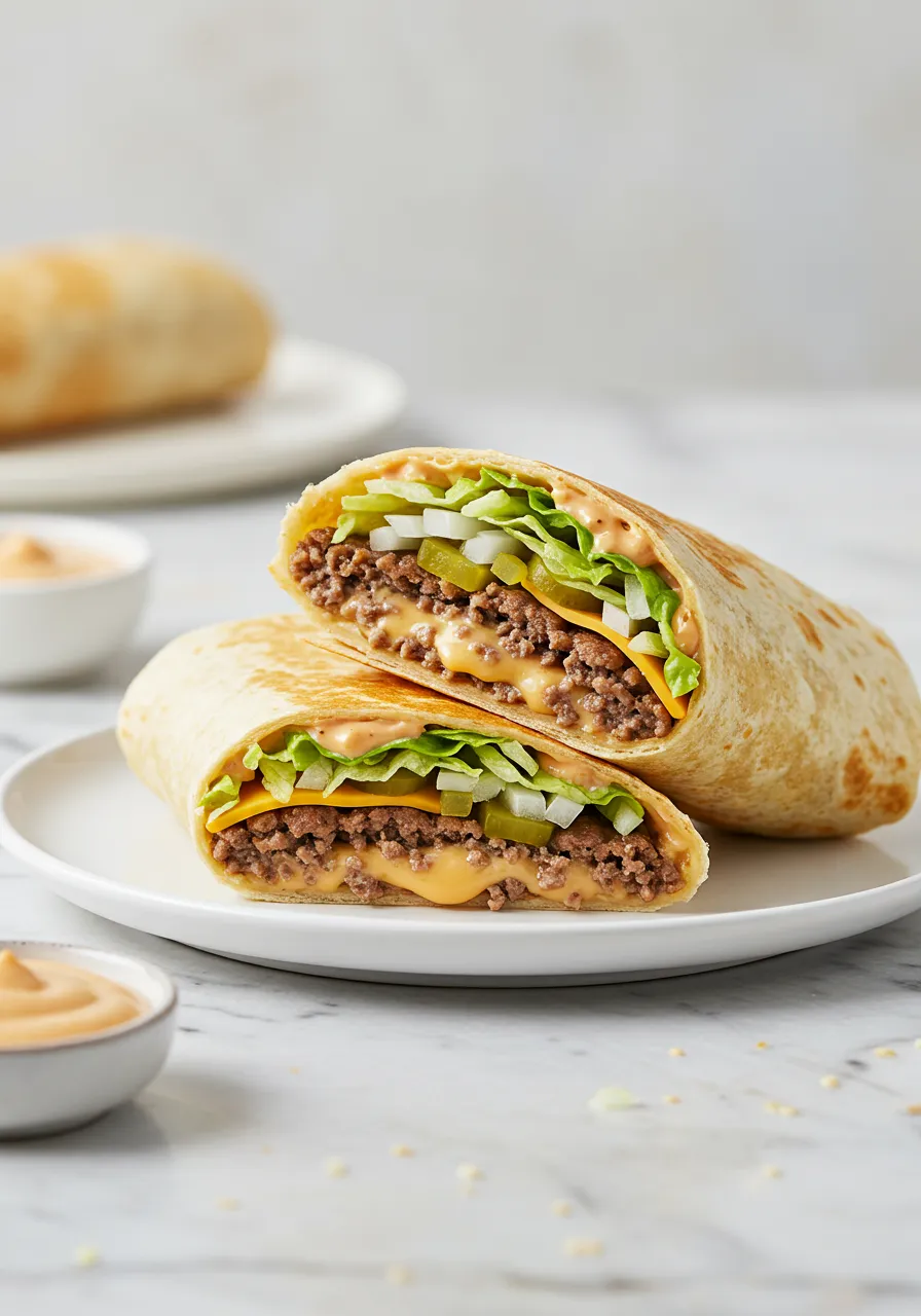 Delicious Big Mac Wrap sliced open on a plate