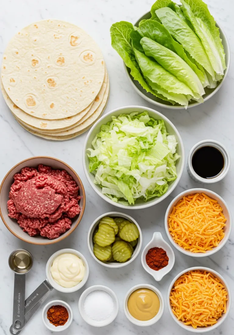 Overhead view of Big Mac Wrap ingredients on marble