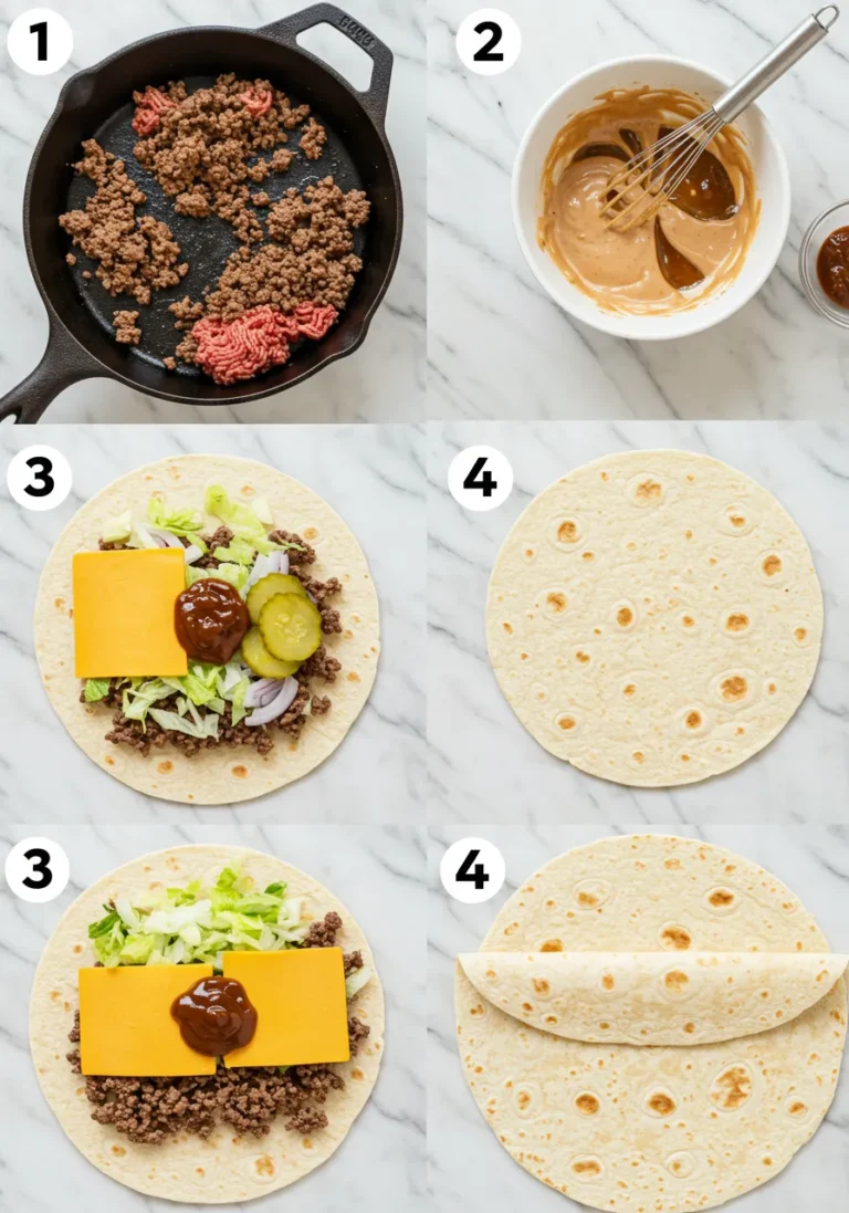 Four steps of making a Big Mac Wrap shown in a grid