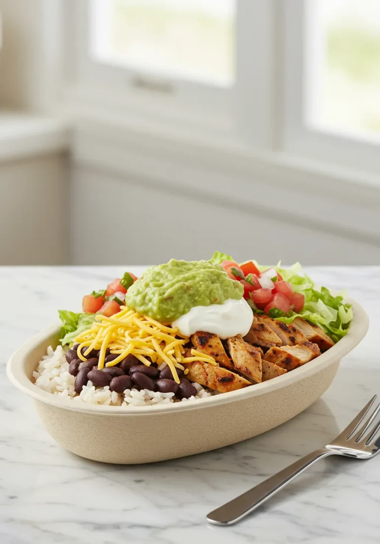 Eye-level view of a finished Moe's Burrito Bowl ready to eat