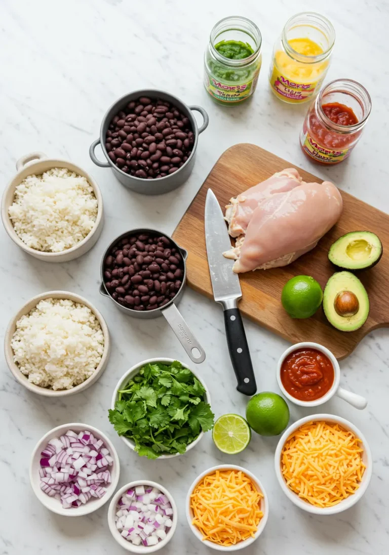 Overhead view of fresh ingredients for Moe's Burrito Bowl