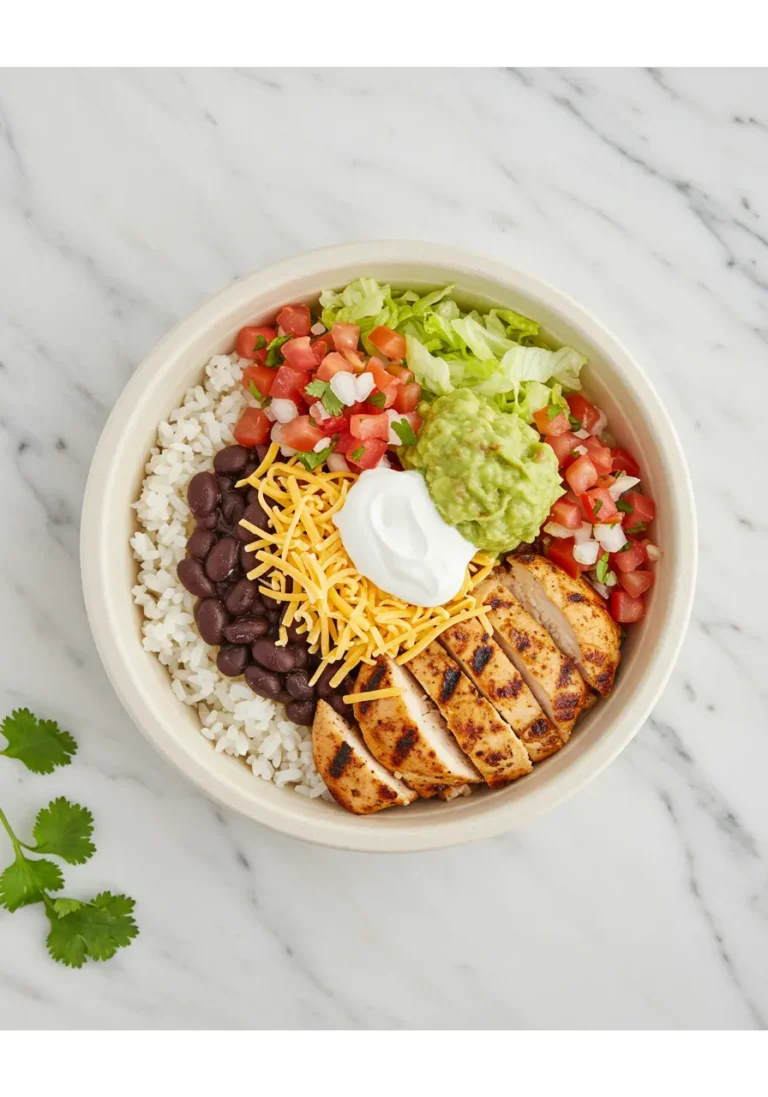Top-down view of a delicious Moe's Burrito Bowl with all the toppings