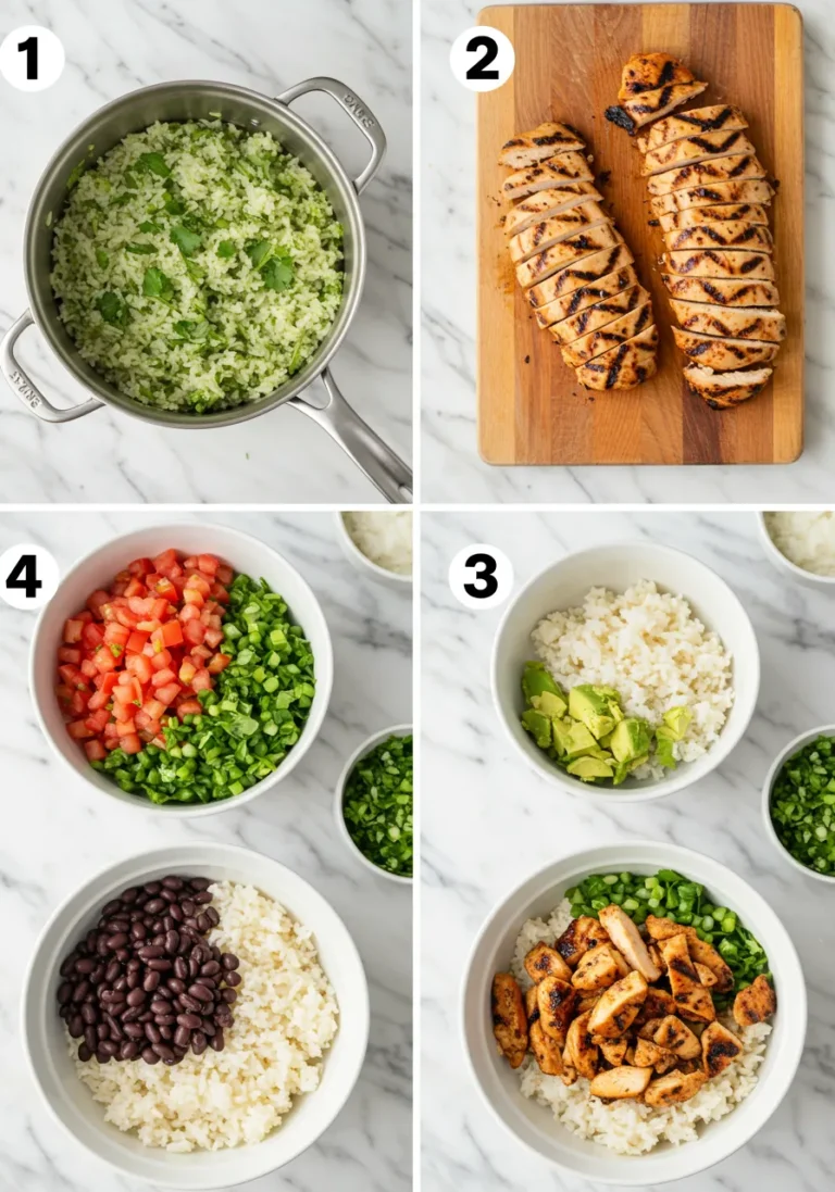 Four key steps for making a Moe's Burrito Bowl: rice, chicken, base layers, protein added