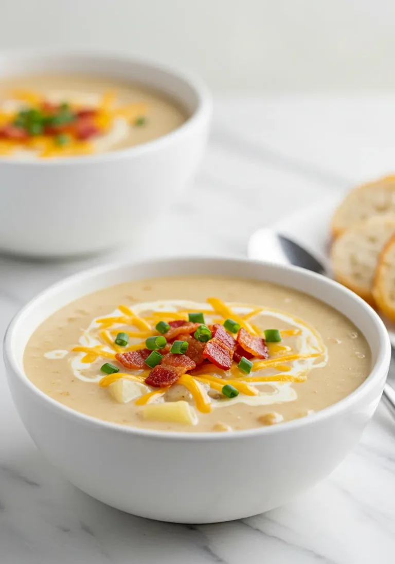 Eye-level view of Outback Potato Soup ready to be eaten.