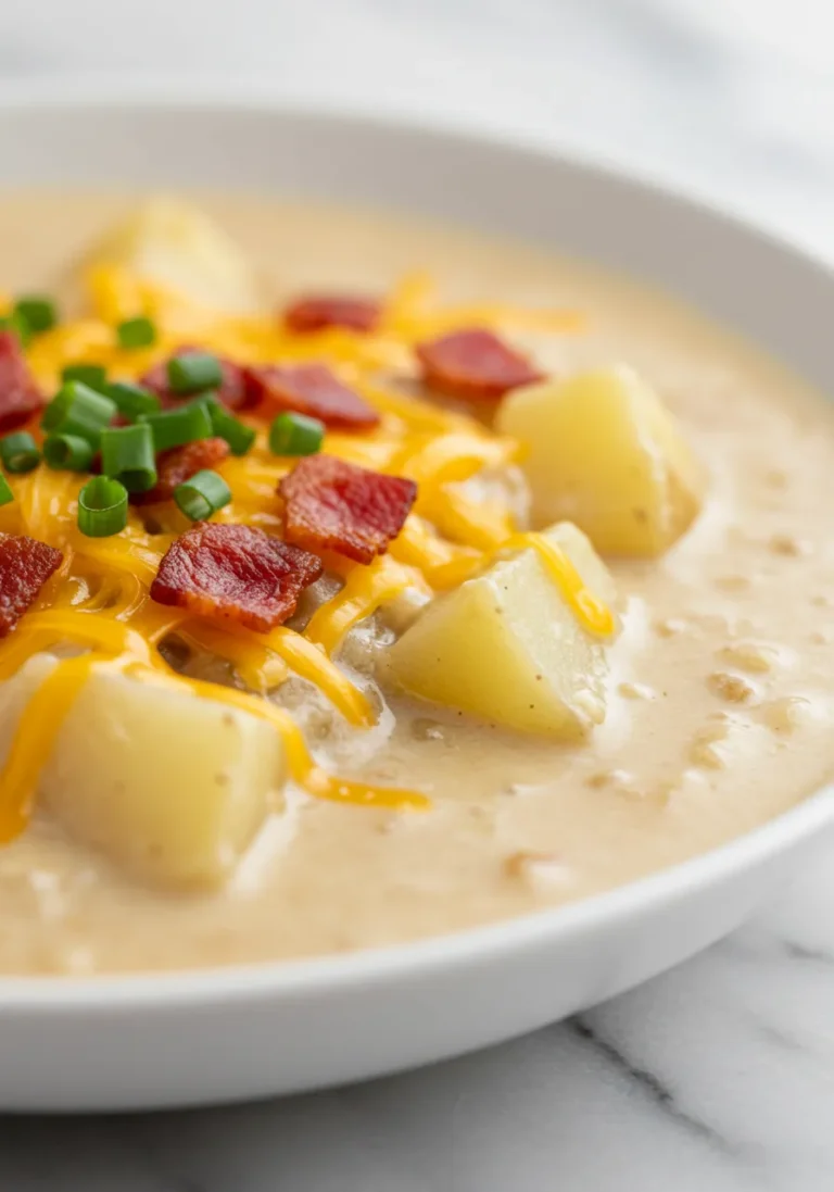 Extreme close-up showing the creamy texture and details of Outback Potato Soup.
