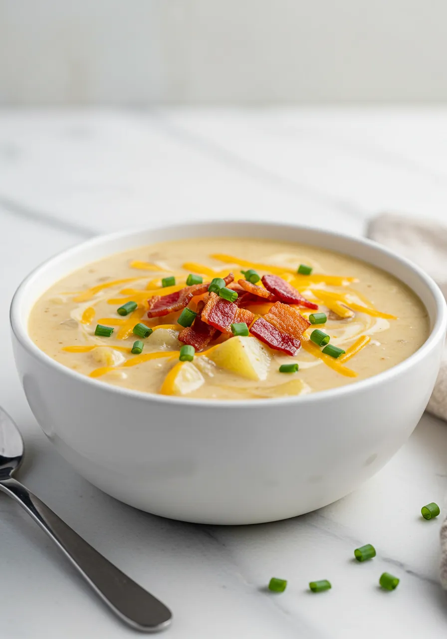 Deliciously creamy Outback Potato Soup in a white bowl, slightly elevated shot.