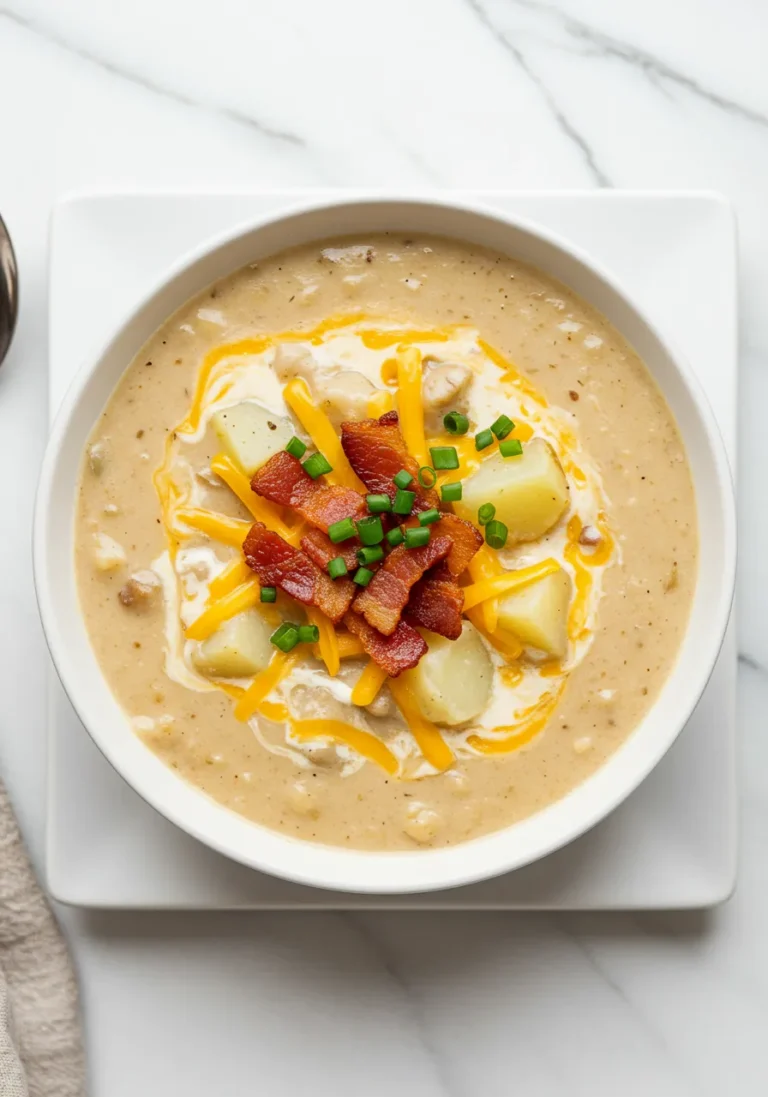 Appealing overhead view of Outback Potato Soup in a white bowl.