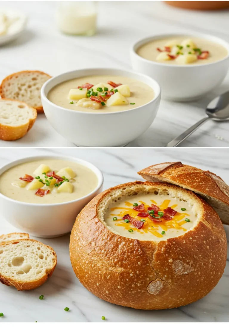 Grid showing two serving suggestions: with bread and in a bread bowl.