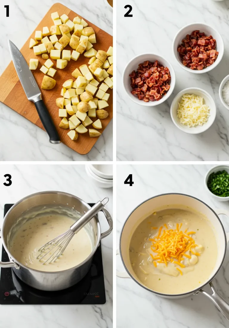 Grid showing four steps: cubing potatoes, cooked bacon, making soup base, finishing soup.