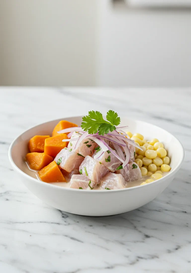 Eye-level view of Peruvian Ceviche in a bowl