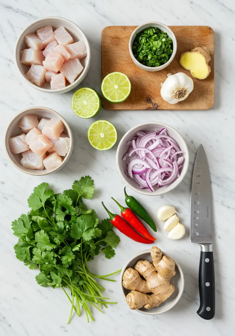 Overhead flat lay of fresh ceviche ingredients on marble