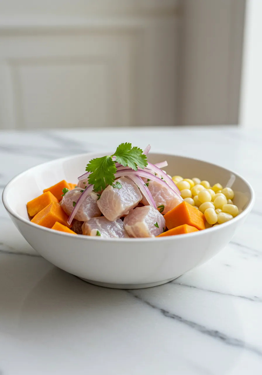 Vibrant Peruvian Ceviche bowl served on marble