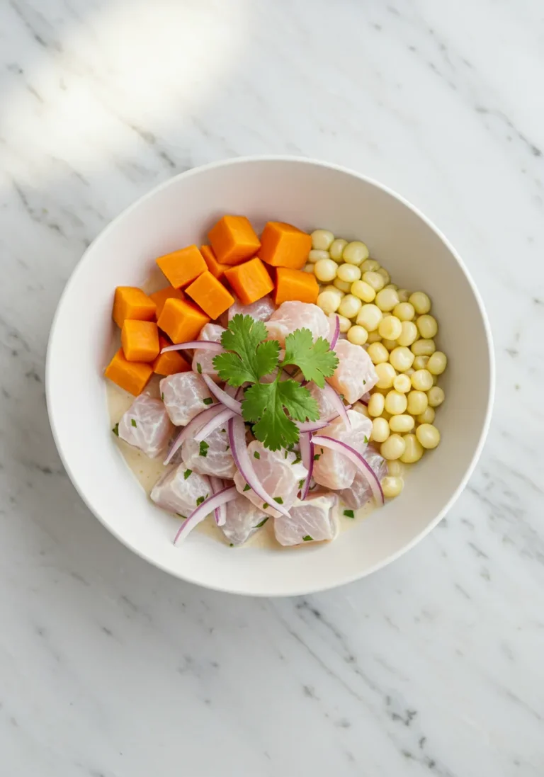 Overhead view of finished Peruvian Ceviche bowl