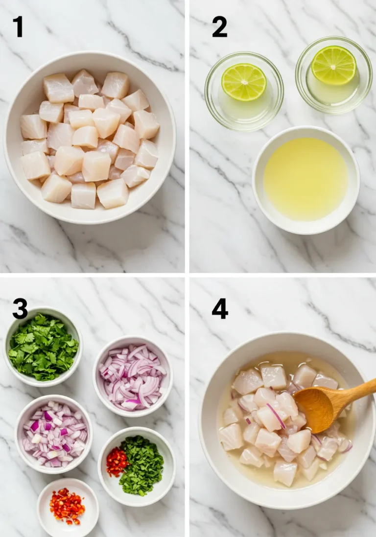 Four step-by-step images for making ceviche