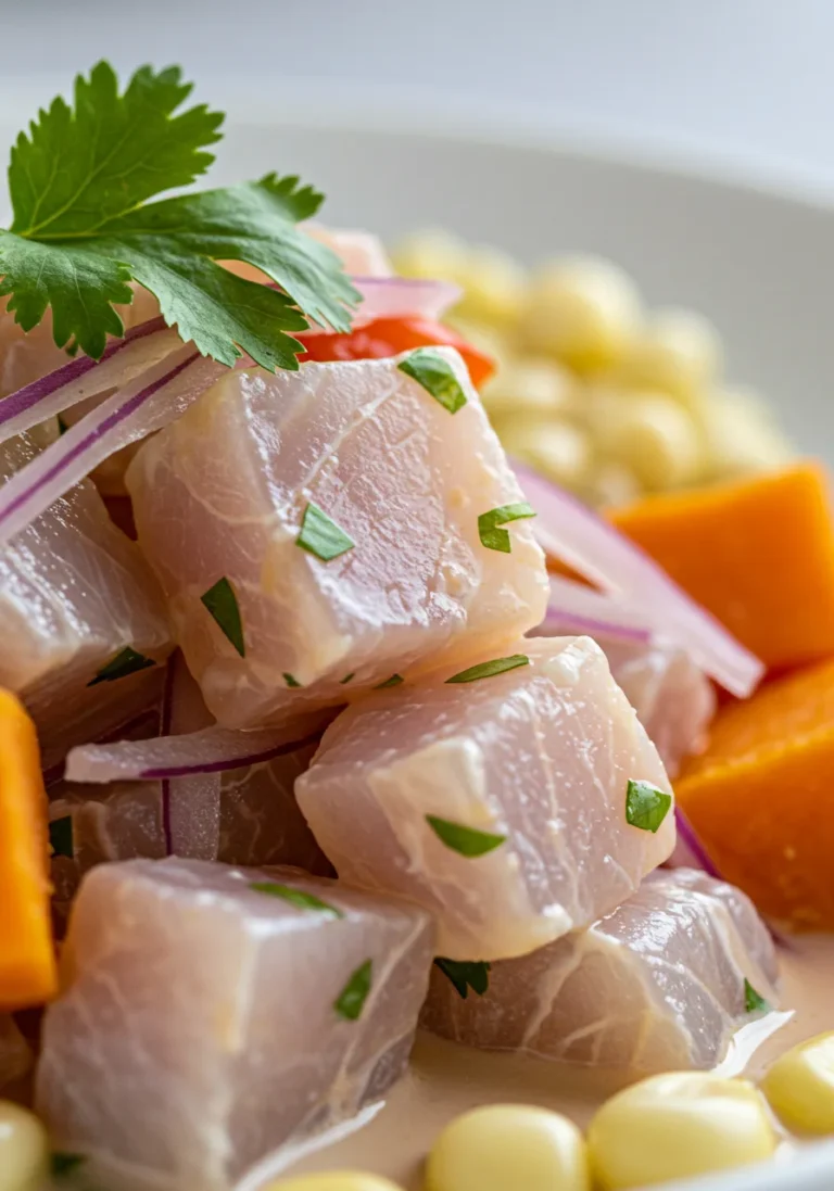 Close-up of ceviche fish texture and marinade