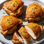A plate of crispy, golden-brown air fryer chicken thighs, one sliced to show the juicy interior.