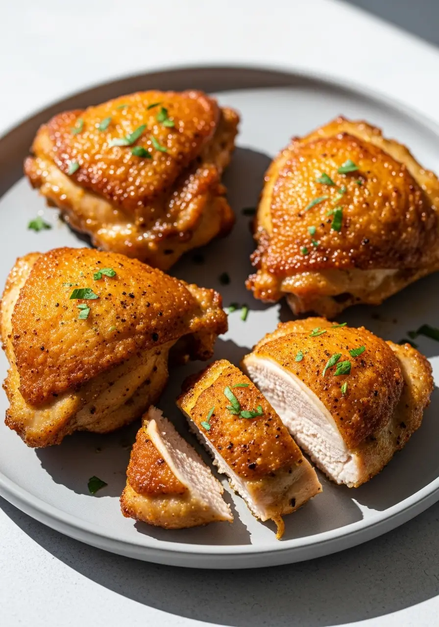 Crispy Air Fryer Chicken Thighs - Ready in Under 30 Minutes! 4 A plate of crispy, golden-brown air fryer chicken thighs, one sliced to show the juicy interior.