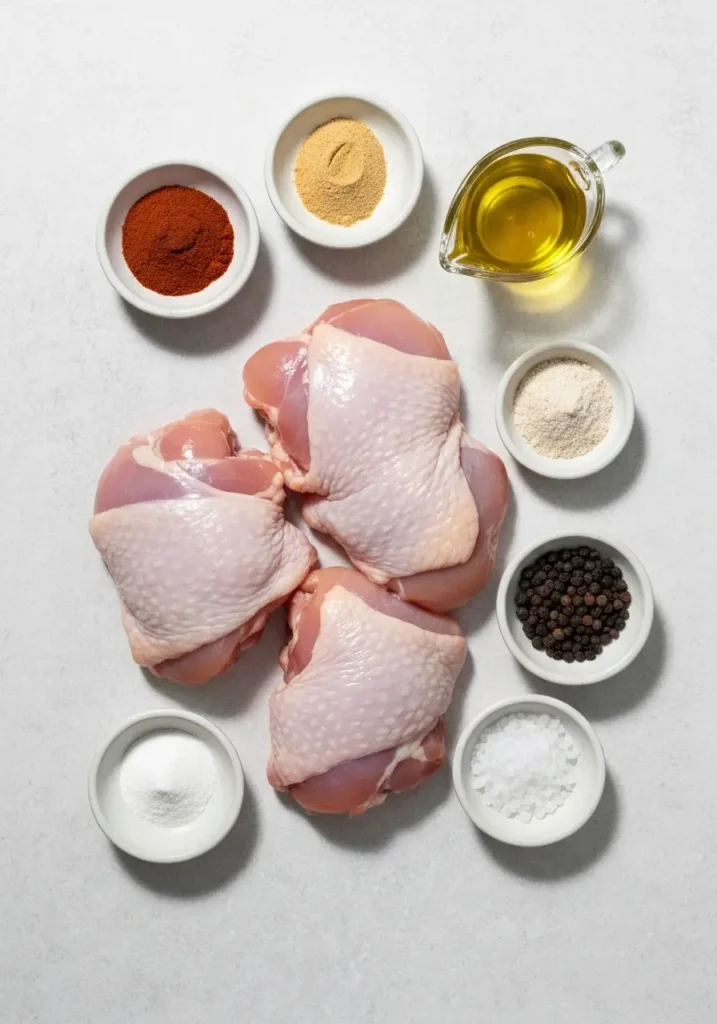 Ingredients for air fryer chicken thighs: raw chicken, olive oil, paprika, garlic powder, onion powder, salt, and pepper.