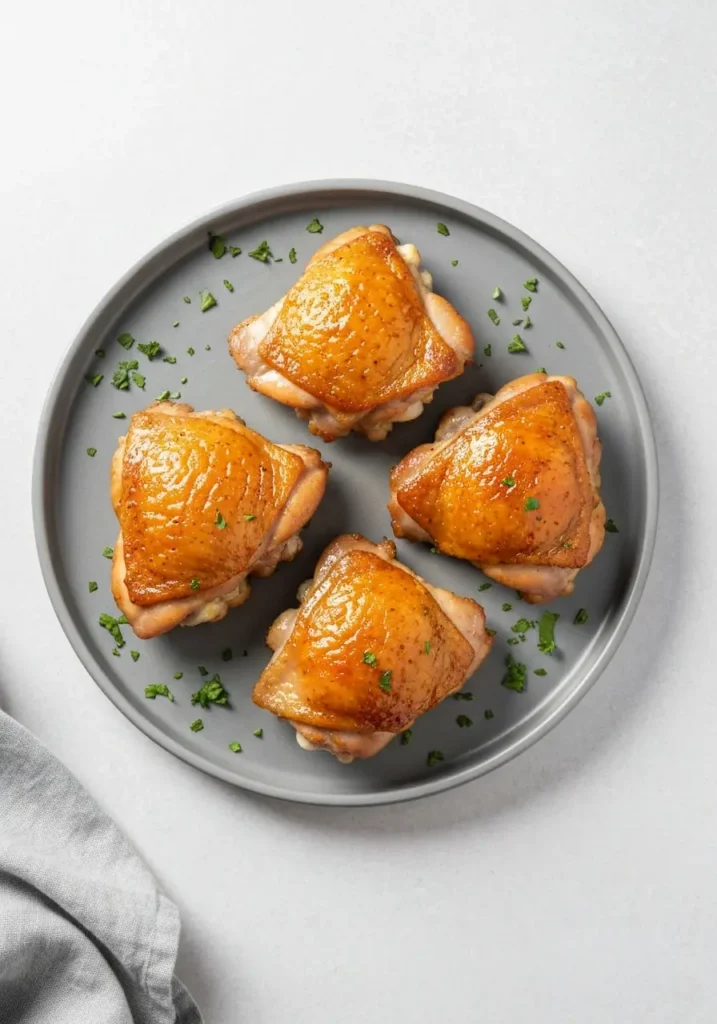 An overhead flat lay shot of crispy air fryer chicken thighs on a serving platter.