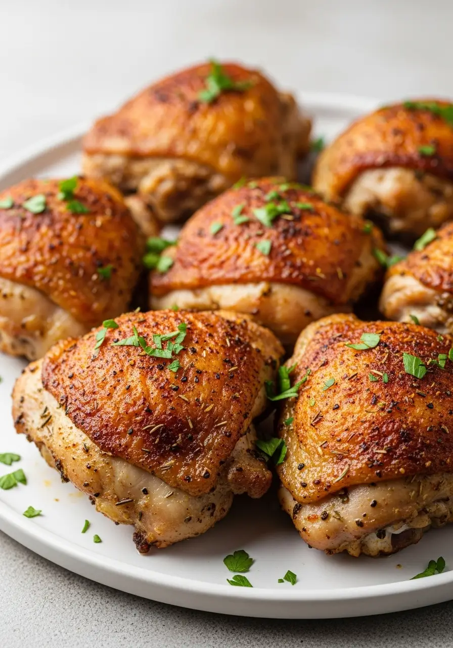 Crispy Baked Chicken Thighs - The Juiciest Oven Recipe! 4 A platter of crispy baked chicken thighs with golden-brown skin, garnished with fresh parsley.