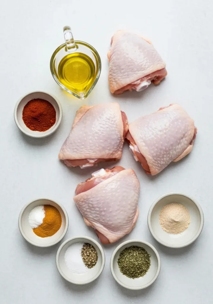 Ingredients for baked chicken thighs including raw chicken, olive oil, and spices laid out on a neutral surface.