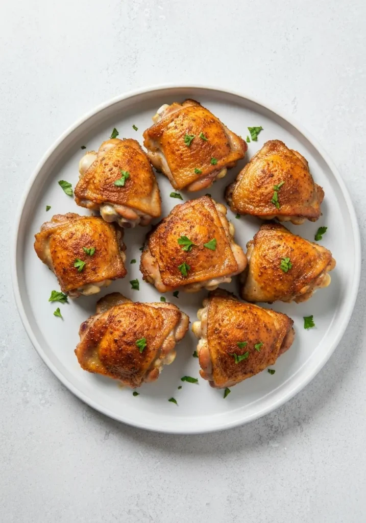 Overhead view of a platter of golden-brown baked chicken thighs.