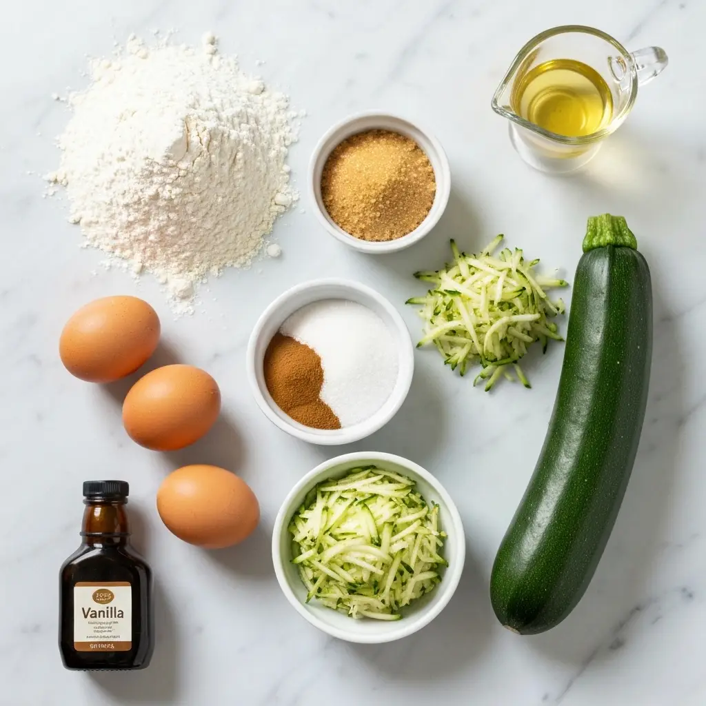 Ingredients for zucchini bread recipe arranged on a marble countertop.
