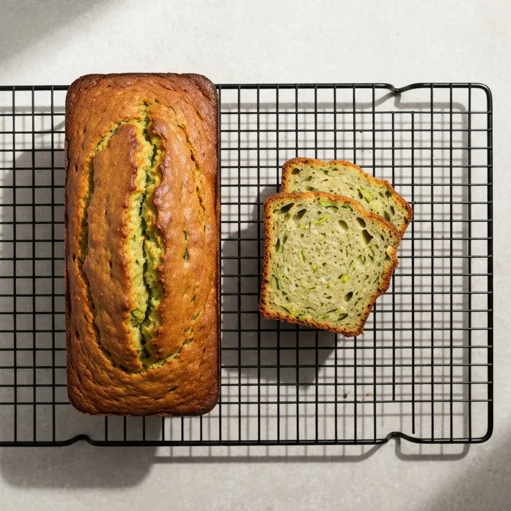 Overhead view of a freshly baked loaf of zucchini bread with one slice cut.