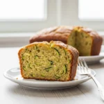 A thick slice of the best zucchini bread on a white plate, showing its moist texture.