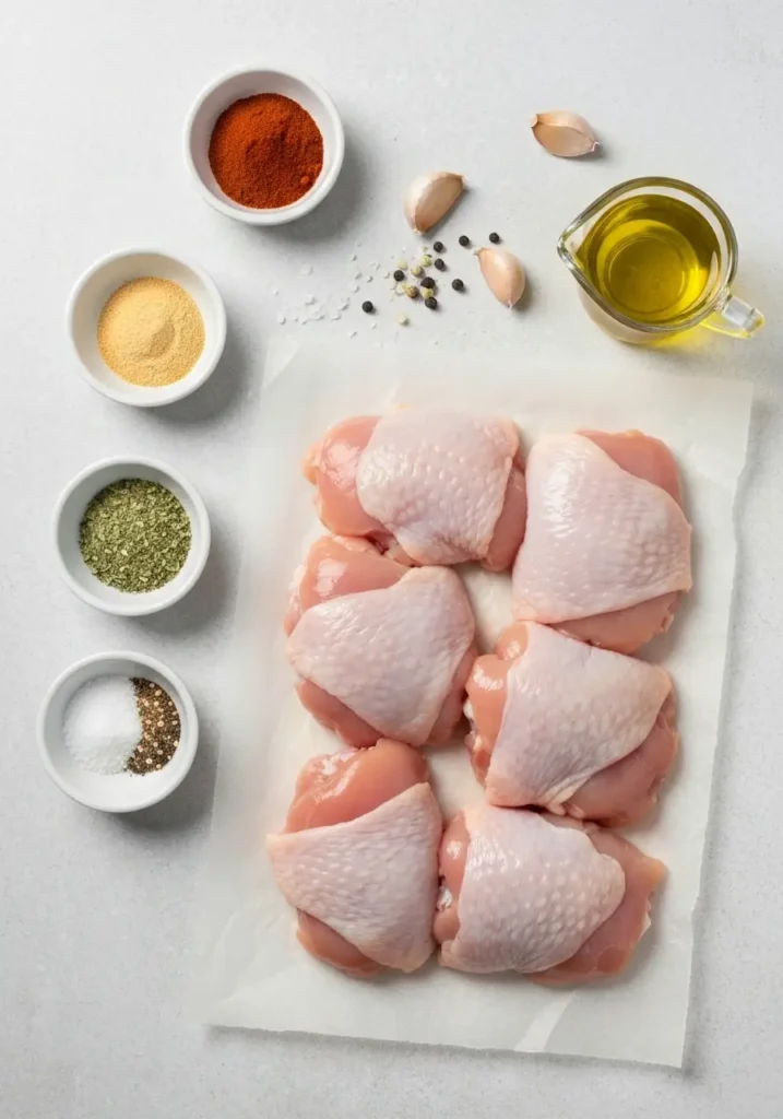 Ingredients for boneless skinless chicken thighs recipe laid out on a neutral surface.