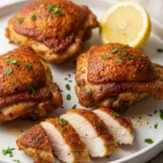 A plate of juicy, pan-seared boneless skinless chicken thighs, one is sliced to show the tender inside.