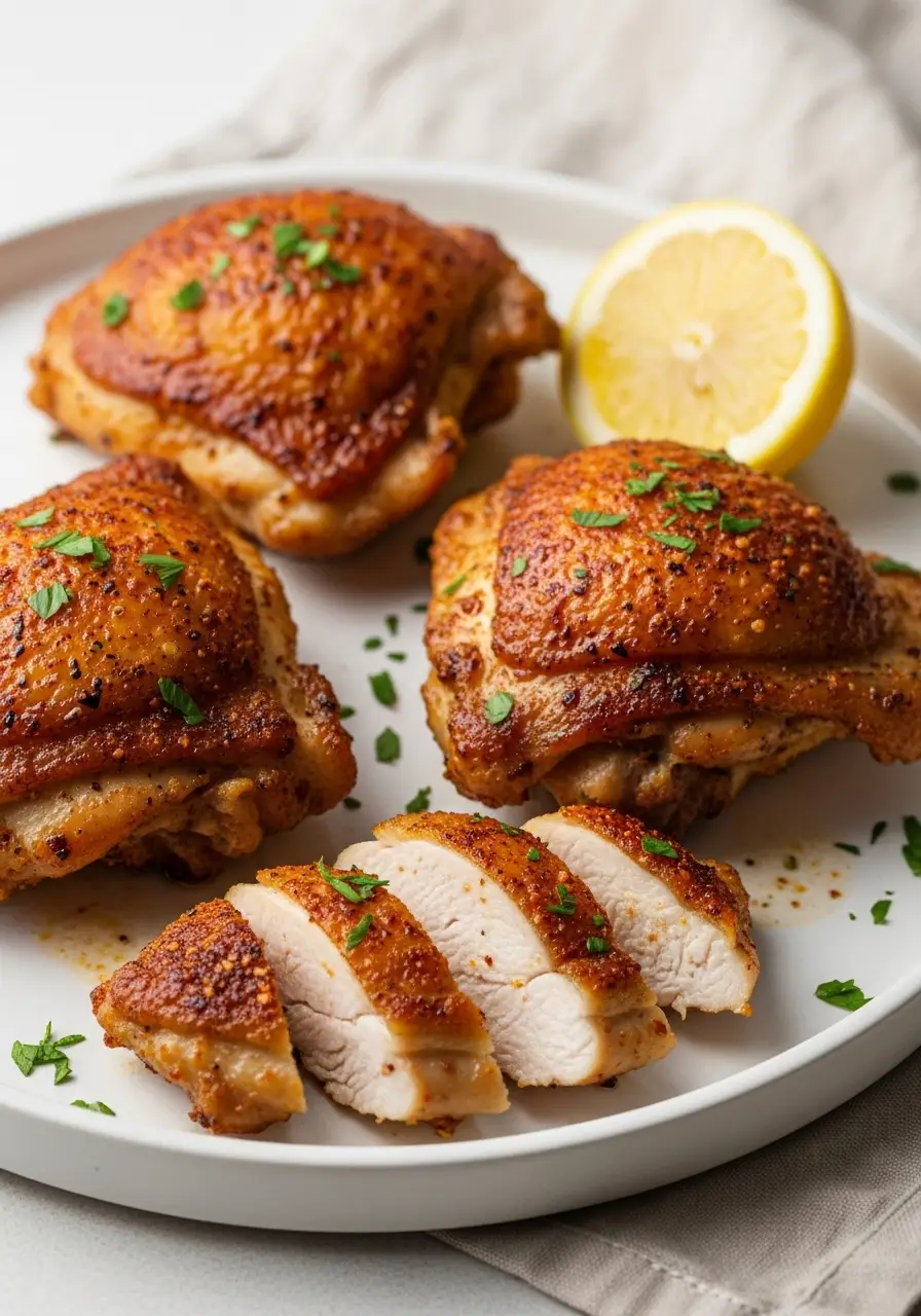 Quick Boneless Skinless Chicken Thighs Recipes for Busy Nights 4 A plate of juicy, pan-seared boneless skinless chicken thighs, one is sliced to show the tender inside.