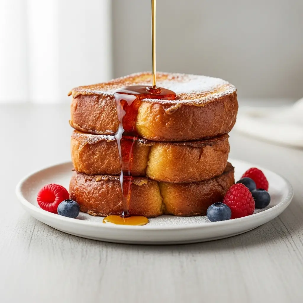 A perfect stack of golden-brown brioche French toast drizzled with maple syrup and topped with powdered sugar and fresh berries.