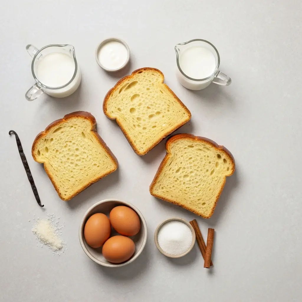 Ingredients for brioche French toast laid out, including brioche bread, eggs, cream, milk, and spices.