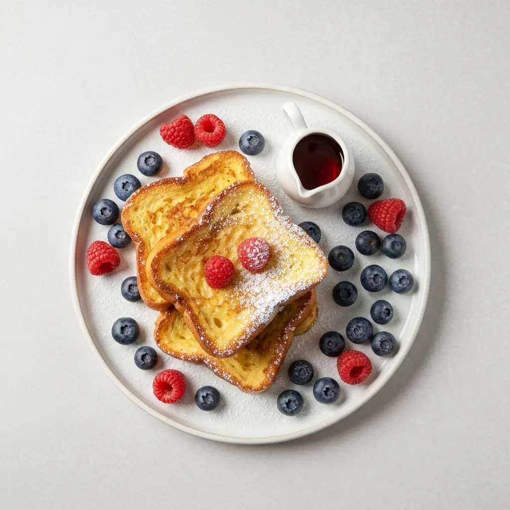 An overhead shot of a plate of brioche French toast topped with powdered sugar and fresh berries.