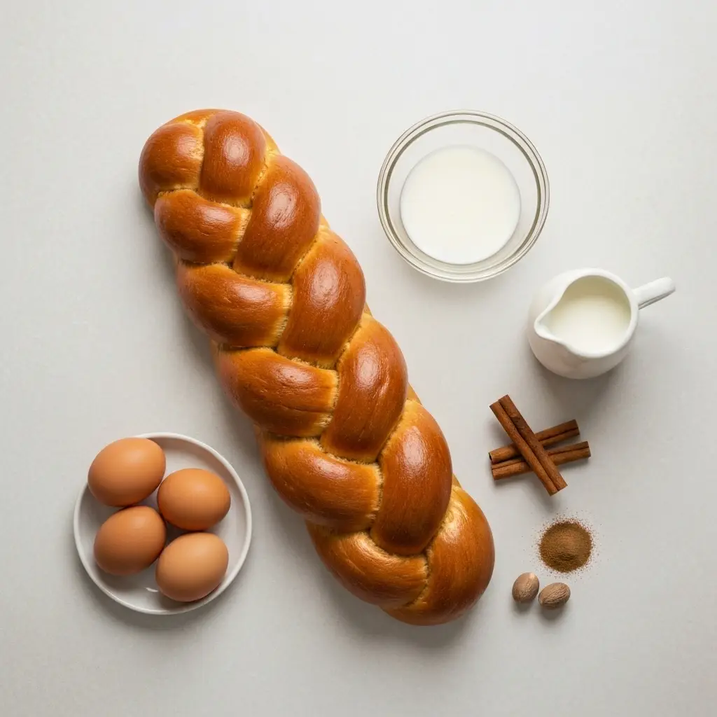 Ingredients for making challah french toast, including challah bread, eggs, milk, and spices.