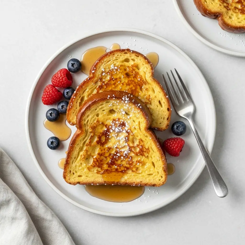 An overhead view of a plate with two slices of challah french toast topped with berries.