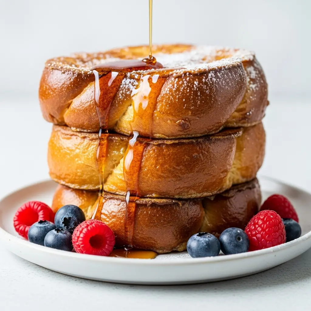 A beautiful stack of thick-cut challah french toast with maple syrup and fresh berries.