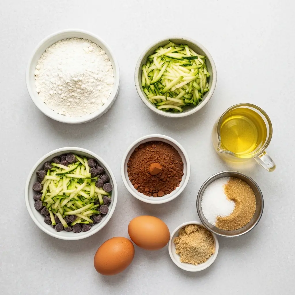 An overhead flat lay of the ingredients for chocolate zucchini bread: flour, cocoa, sugar, oil, eggs, zucchini, and chocolate chips.