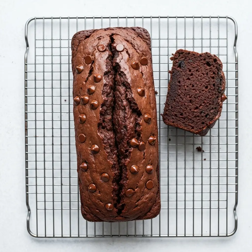 An overhead shot of a whole chocolate zucchini bread loaf on a cooling rack with one slice next to it.