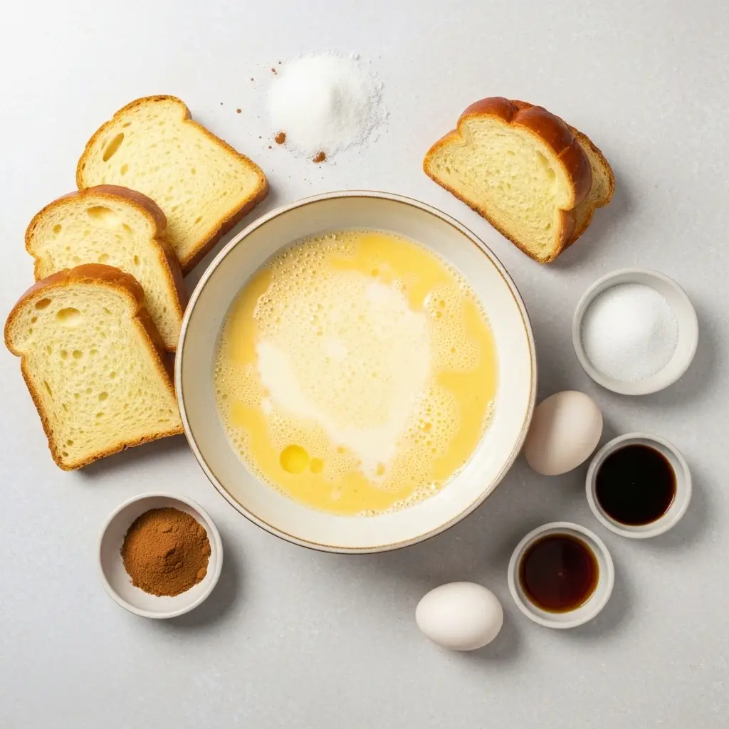 Ingredients for cinnamon French toast laid out on a light surface, including eggs, milk, bread, cinnamon, and vanilla.