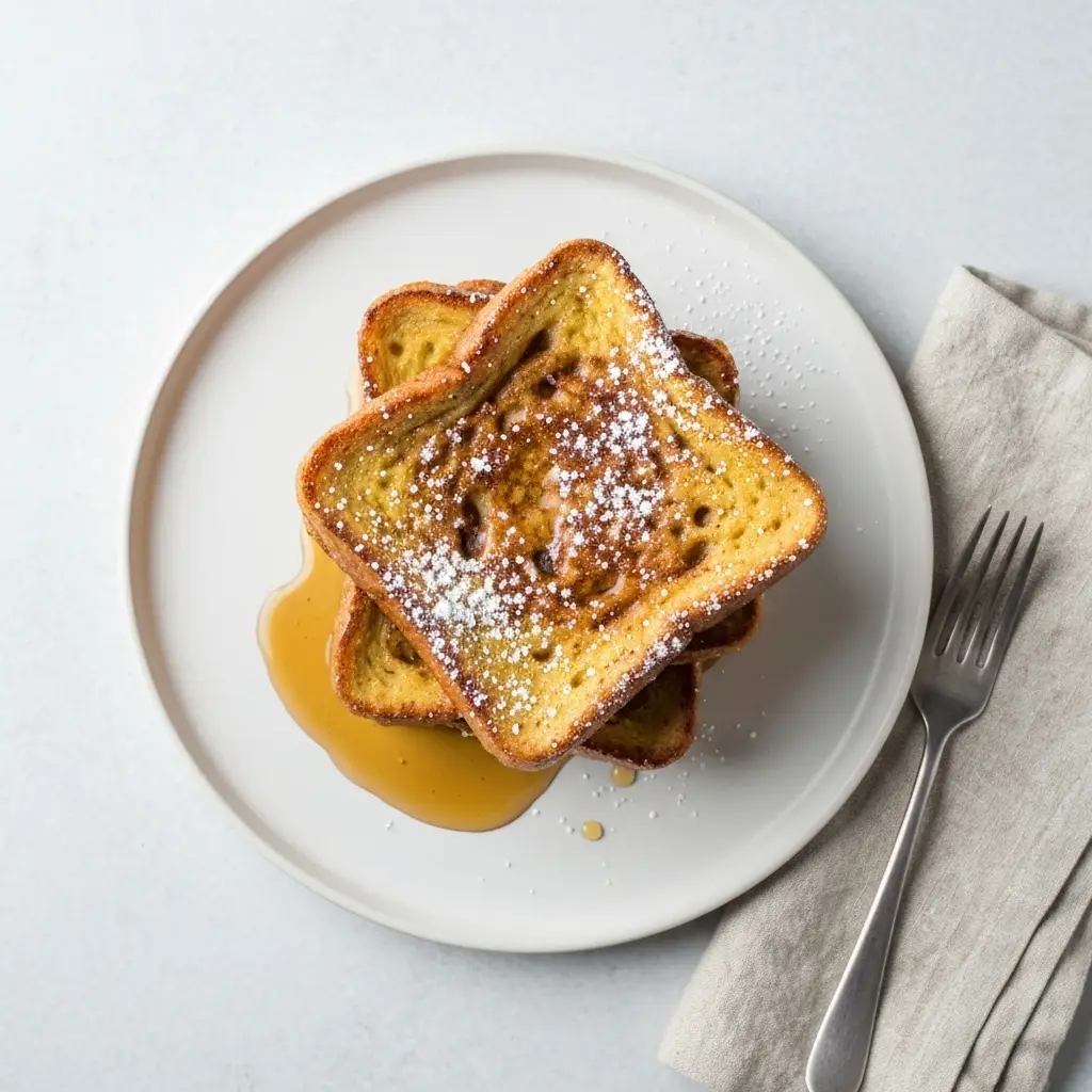 An overhead view of a stack of cinnamon French toast topped with powdered sugar and maple syrup on a white plate.