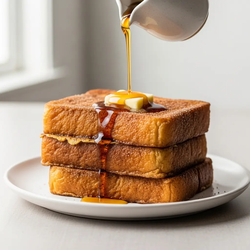 A stack of perfectly golden cinnamon french toast on a white plate, with maple syrup being drizzled over a melting pat of butter.