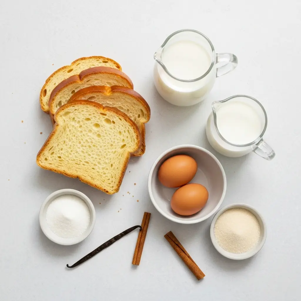 Ingredients for classic French toast, including bread, eggs, milk, and cinnamon.