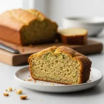 A perfect slice of moist zucchini bread on a white plate, with the rest of the loaf in the background.