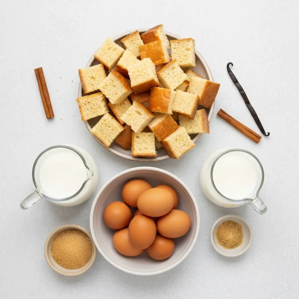 Ingredients for French toast casserole laid out on a table, including bread, eggs, milk, and cinnamon.
